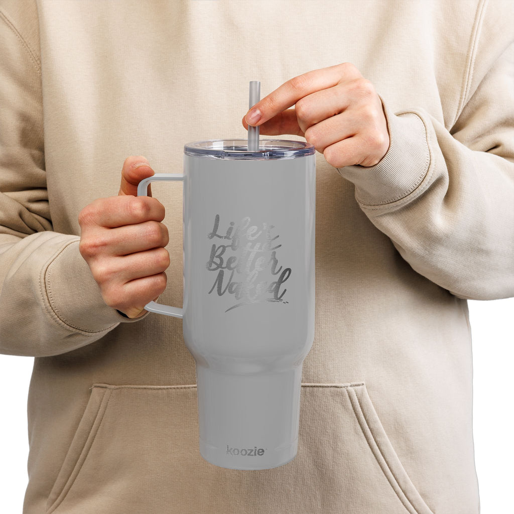 40oz Engraved Insulated Tumbler with Lid — Double Sided 'Life's Better Naked' Nudist Naturist Design Cup