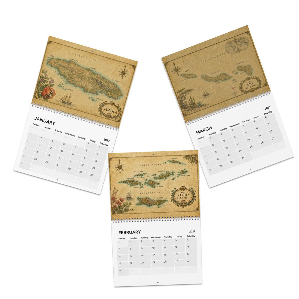 Islands of the Caribbean Antique Maps 2027 Calendar, Wall Calendar for Travelers