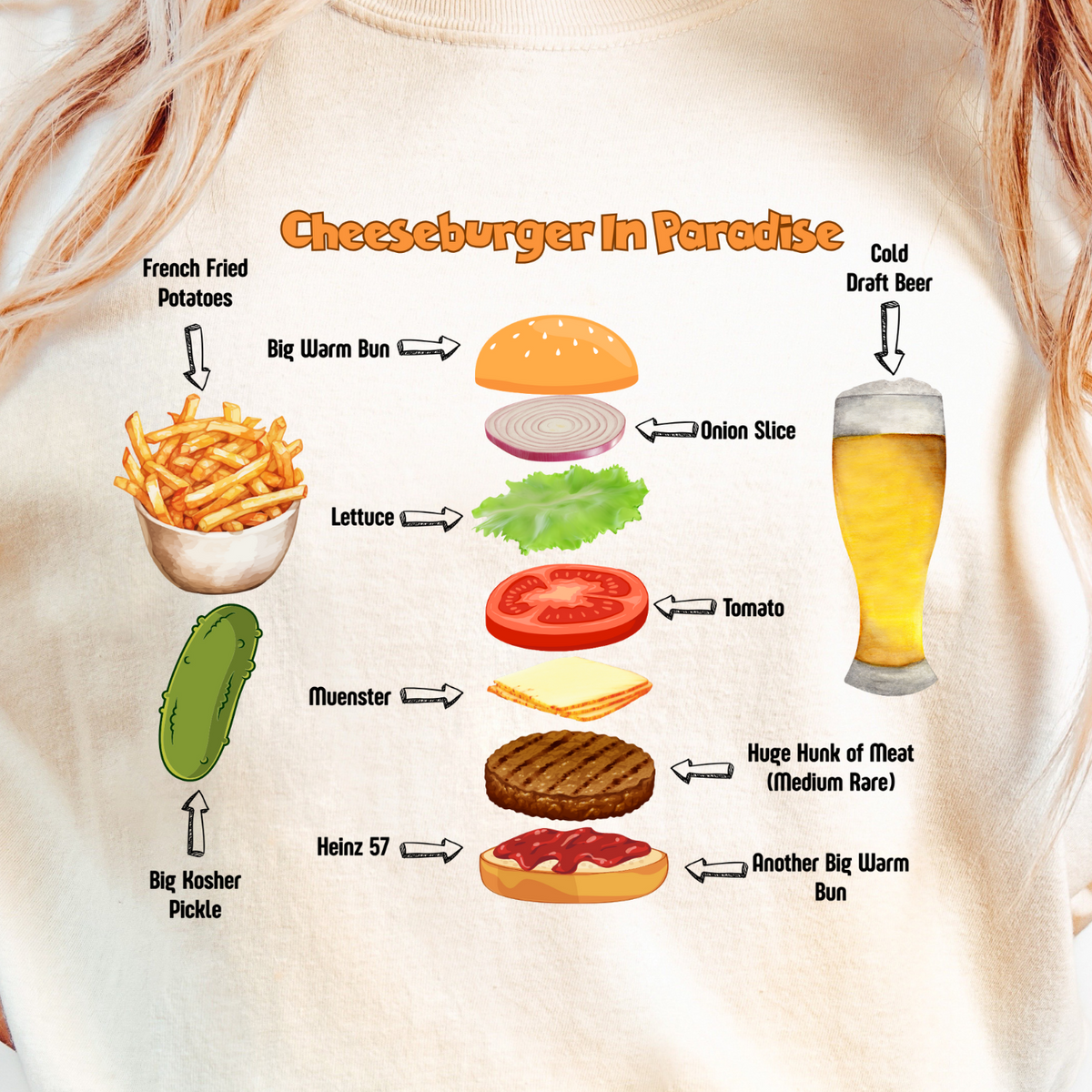 A woman wearing a cream-colored graphic t-shirt with a humorous 'Cheeseburger in Paradise' food diagram printed on the front, paired with blue jeans.