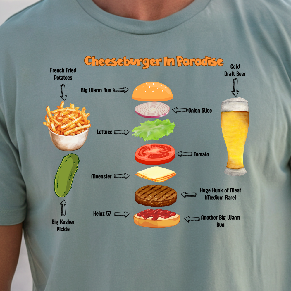 A man wearing a sage green graphic t-shirt with a 'Cheeseburger in Paradise' food diagram printed on the chest, standing on a sandy beach with the ocean in the background.