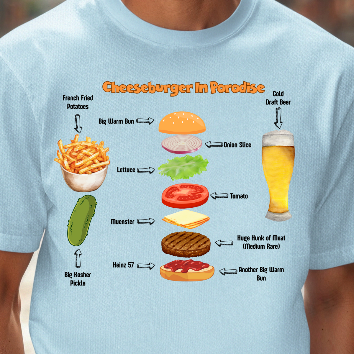 A man wearing a light blue t-shirt with a detailed graphic print titled 'Cheesburger in Paradise' showing a step-by-step cheeseburger recipe with food illustrations and arrows, set against a blurred street background.