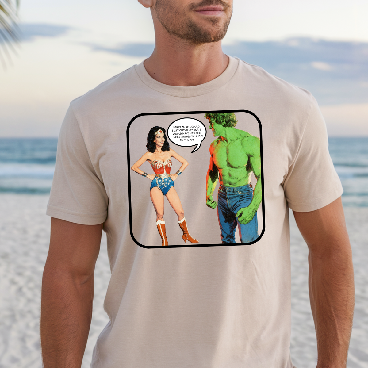 Wonder Woman meets Hulk comic panel T-shirt | Cheeky Retro 70s Superhero TV Tee