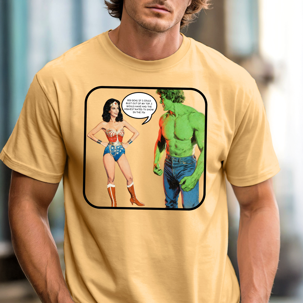 Wonder Woman meets Hulk comic panel T-shirt | Cheeky Retro 70s Superhero TV Tee
