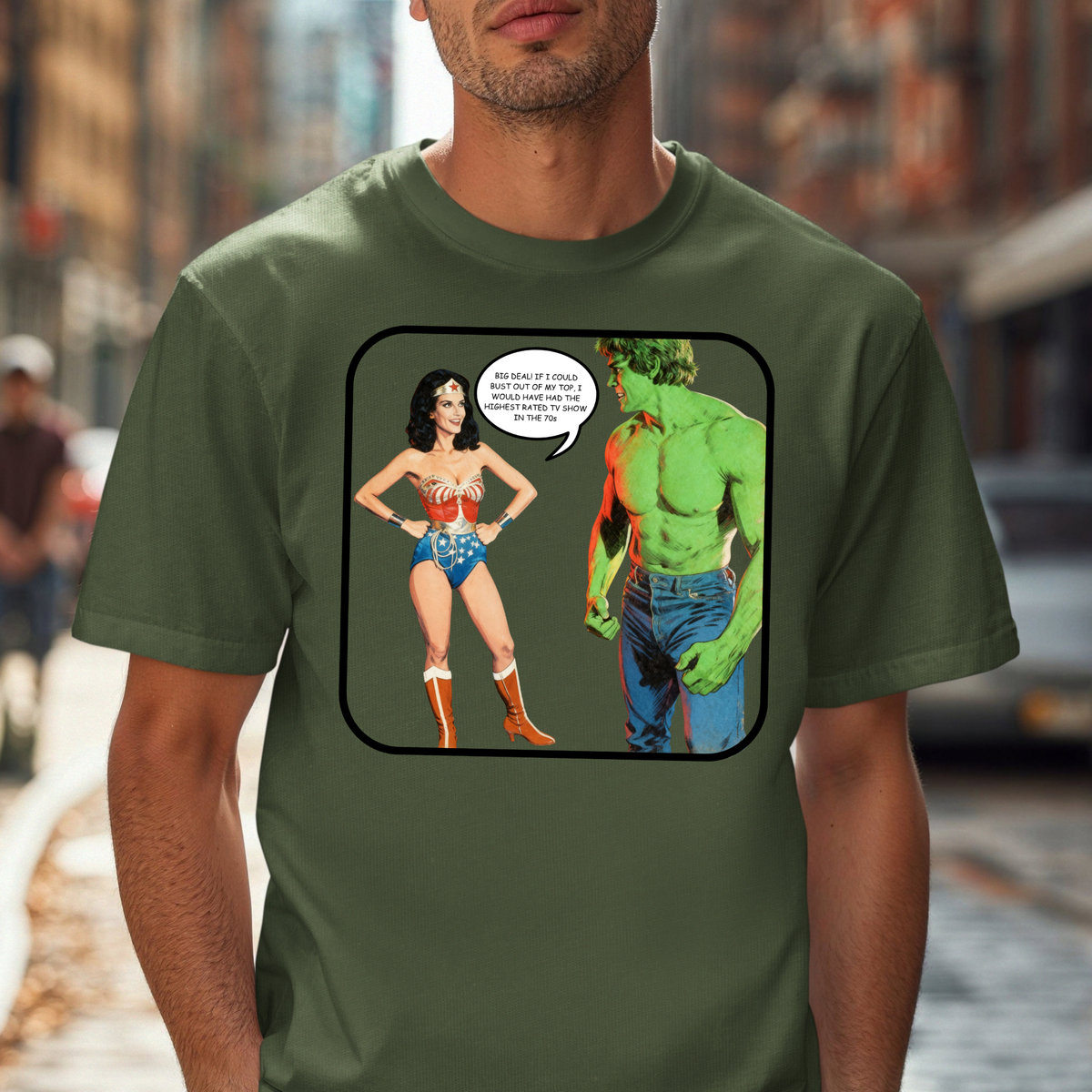 Wonder Woman meets Hulk comic panel T-shirt | Cheeky Retro 70s Superhero TV Tee