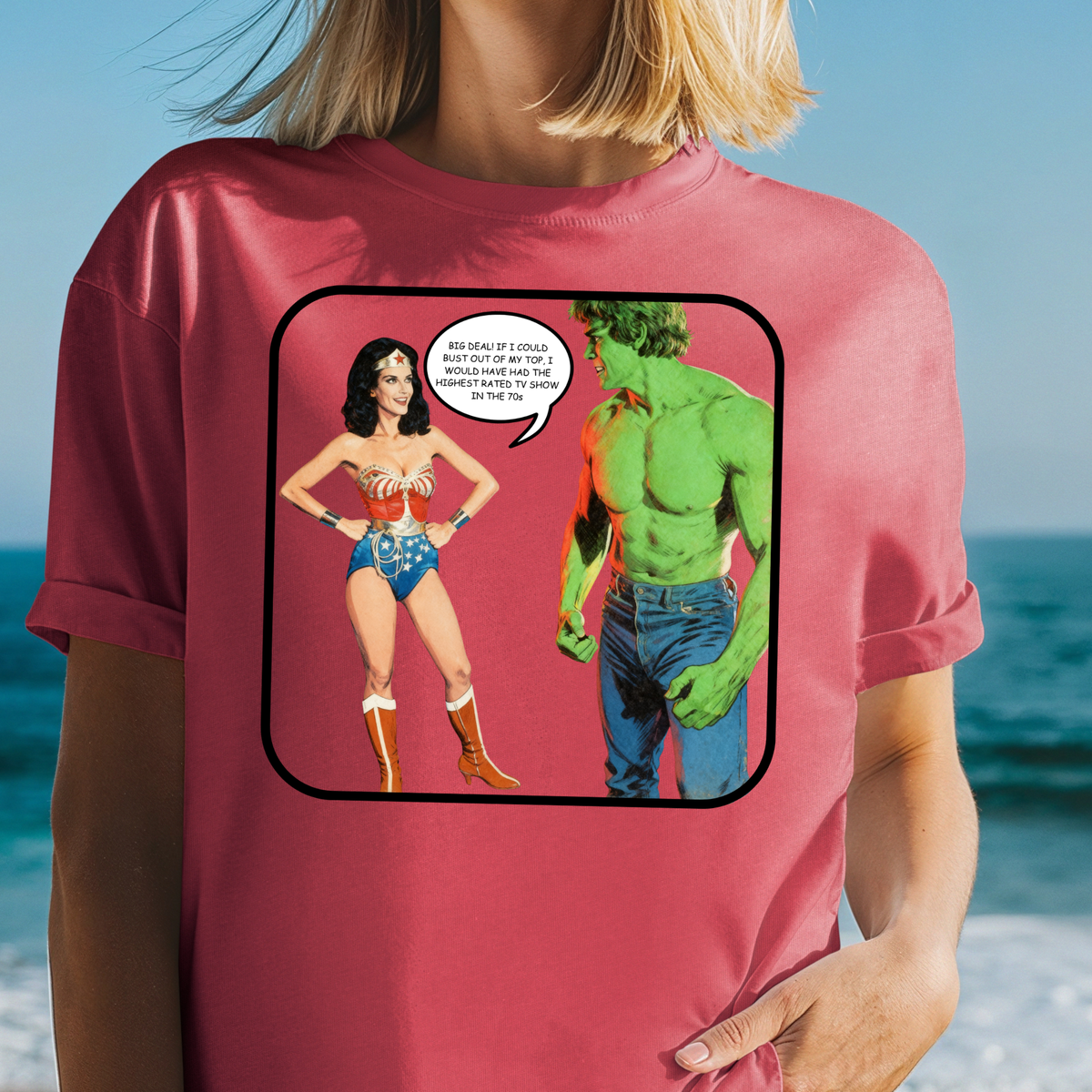Wonder Woman meets Hulk comic panel T-shirt | Cheeky Retro 70s Superhero TV Tee