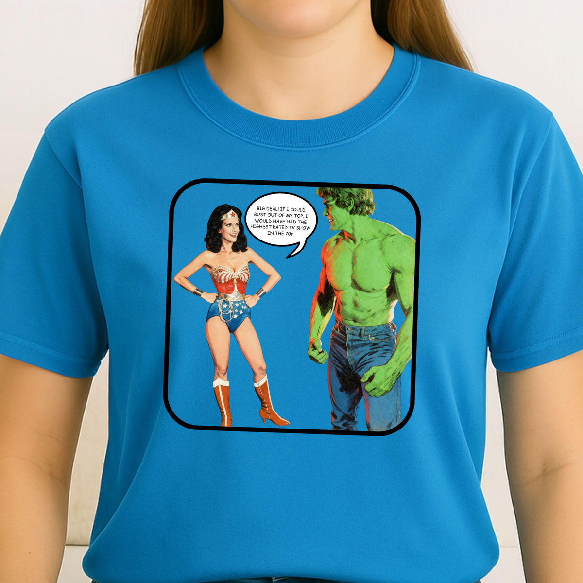 Wonder Woman meets Hulk comic panel T-shirt | Cheeky Retro 70s Superhero TV Tee