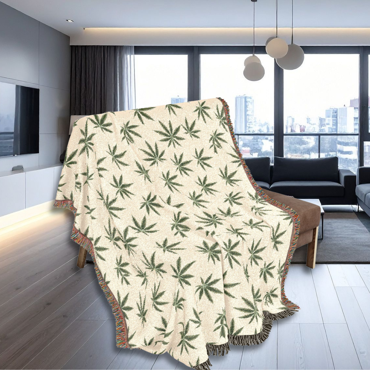 Happy Leaf Pattern Woven Blanket, Cozy Home Decor, Grass Throw, Botanical Enthusiast Rug