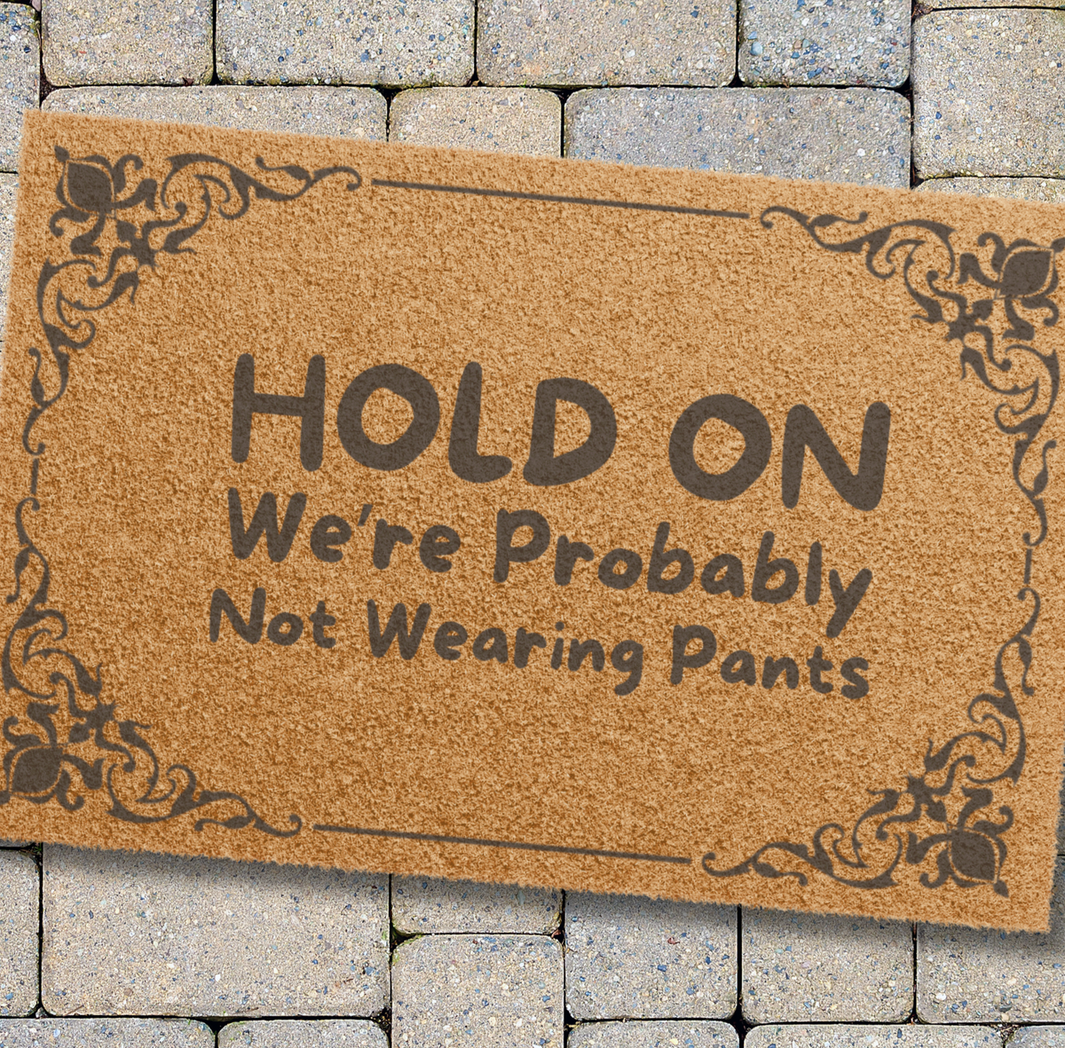 Doormat — "Hold On We're Probably Not Wearing Pants" Funny Welcome Mat