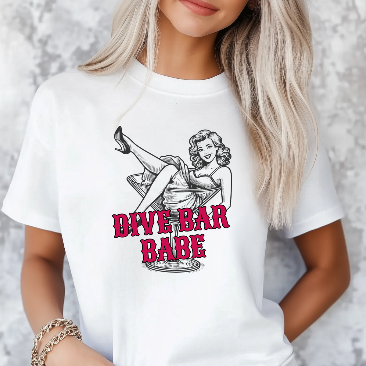 Dive Bar Babe T-shirt | Retro Pinup Girl Drinking Tee, Fun Night Out Shirt