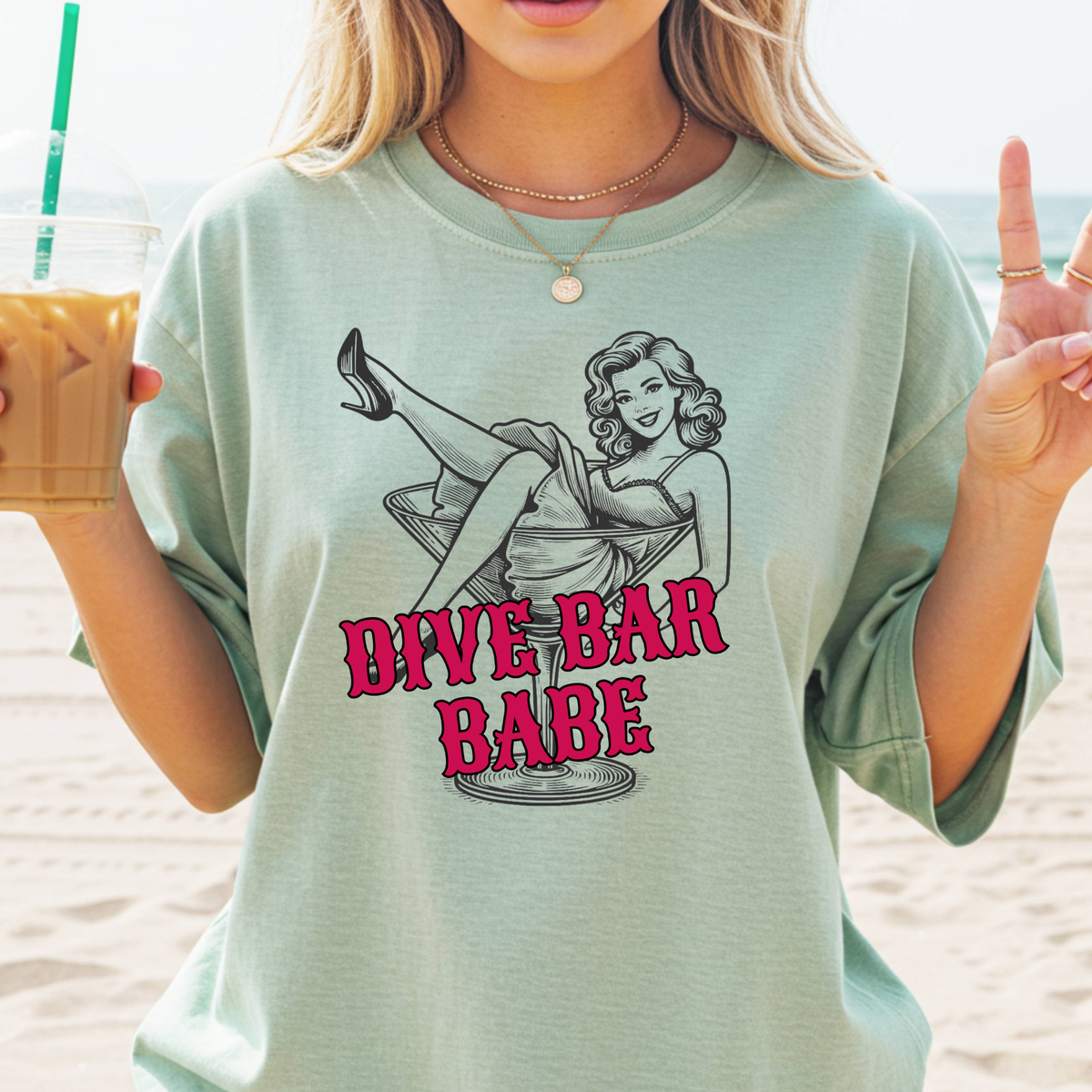 Dive Bar Babe T-shirt | Retro Pinup Girl Drinking Tee, Fun Night Out Shirt
