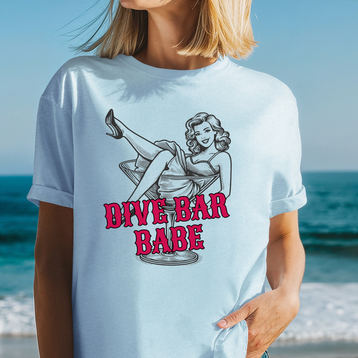Dive Bar Babe T-shirt | Retro Pinup Girl Drinking Tee, Fun Night Out Shirt