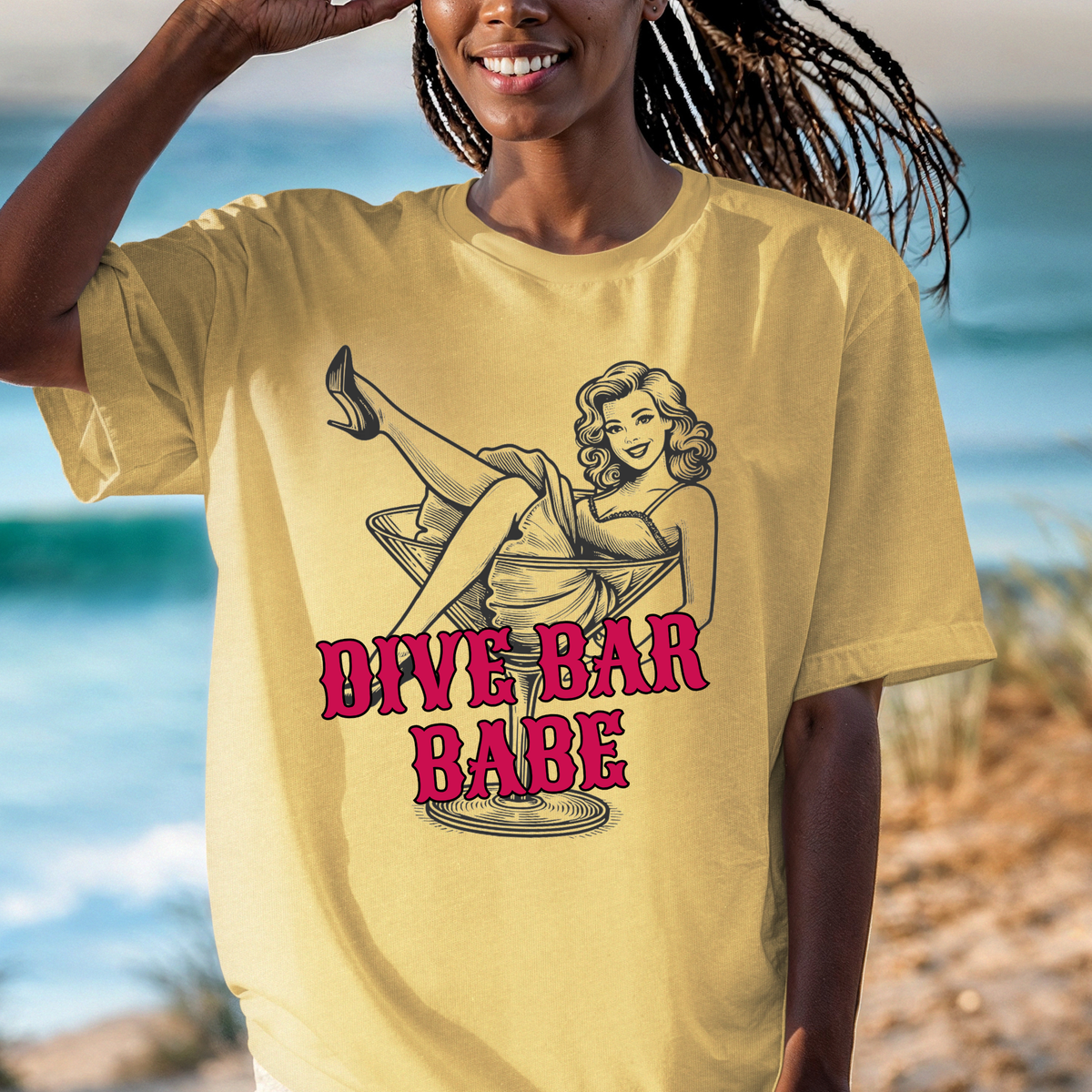 Dive Bar Babe T-shirt | Retro Pinup Girl Drinking Tee, Fun Night Out Shirt