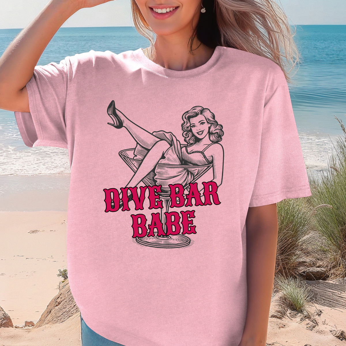 Dive Bar Babe T-shirt | Retro Pinup Girl Drinking Tee, Fun Night Out Shirt