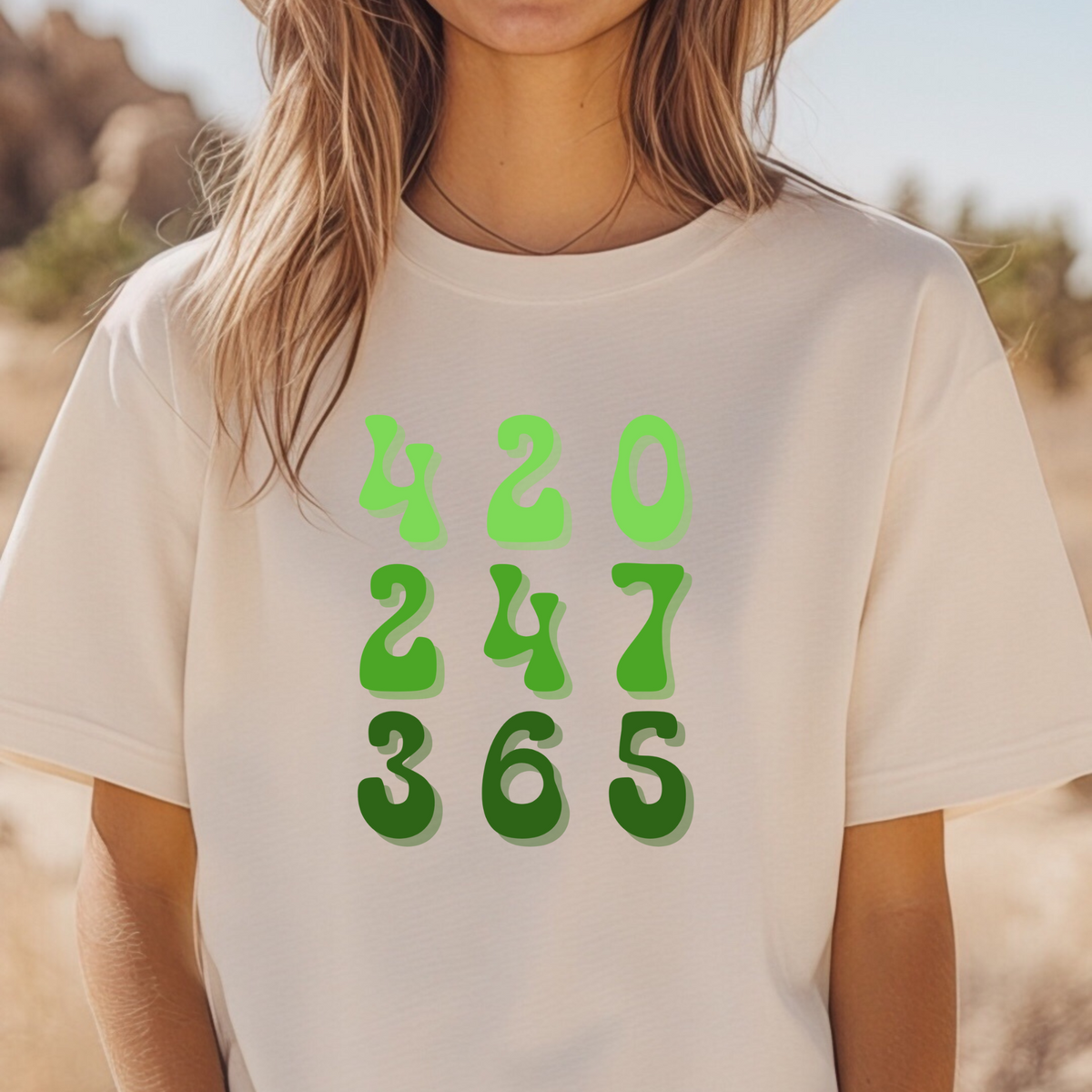 T-Shirt "420 247 365" Green Gradient Numbers Tee — Casual Novelty Shirt