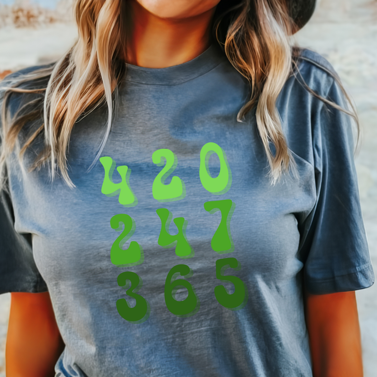 T-Shirt "420 247 365" Green Gradient Numbers Tee — Casual Novelty Shirt