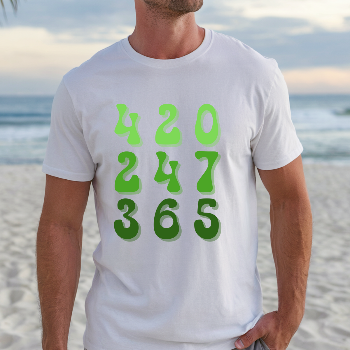 T-Shirt "420 247 365" Green Gradient Numbers Tee — Casual Novelty Shirt