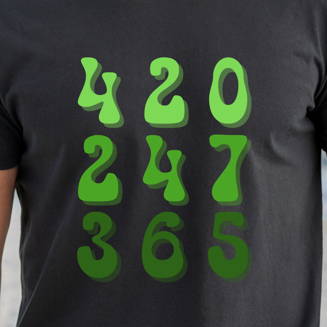 T-Shirt "420 247 365" Green Gradient Numbers Tee — Casual Novelty Shirt