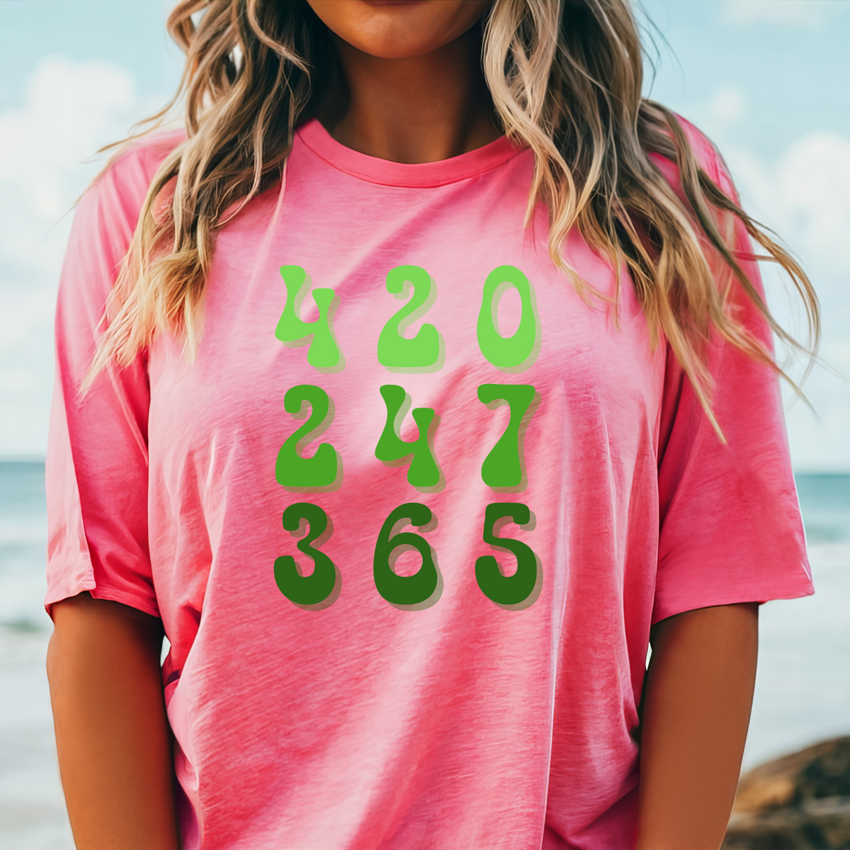 T-Shirt "420 247 365" Green Gradient Numbers Tee — Casual Novelty Shirt