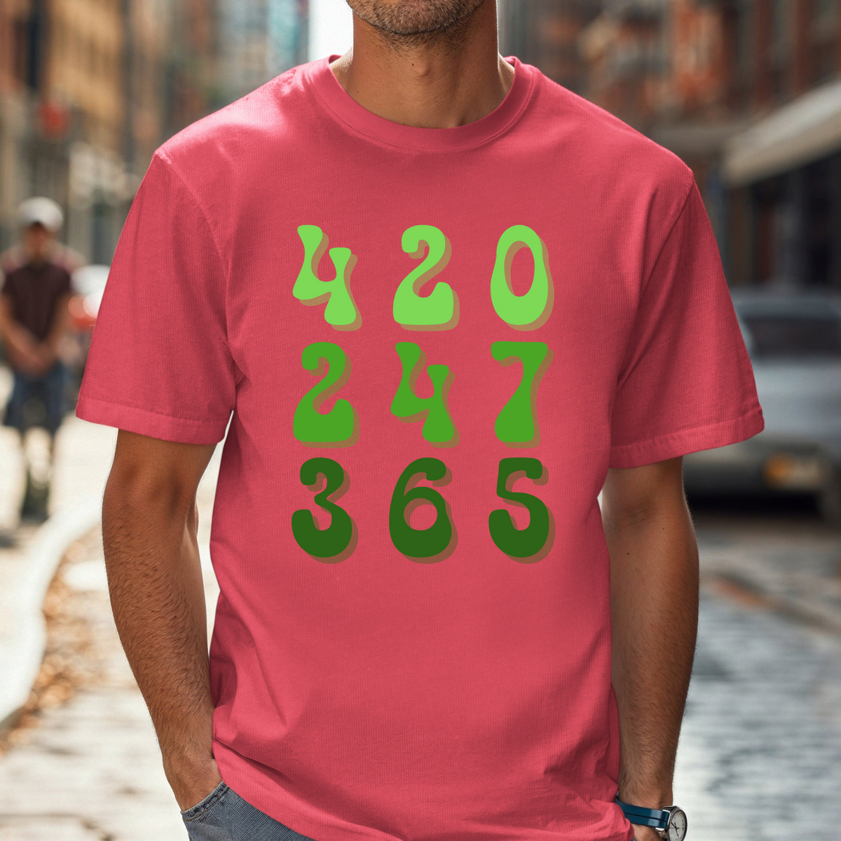T-Shirt "420 247 365" Green Gradient Numbers Tee — Casual Novelty Shirt