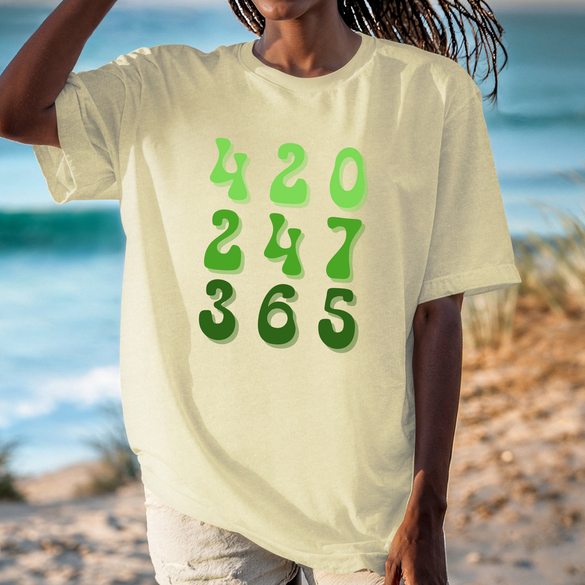 T-Shirt "420 247 365" Green Gradient Numbers Tee — Casual Novelty Shirt