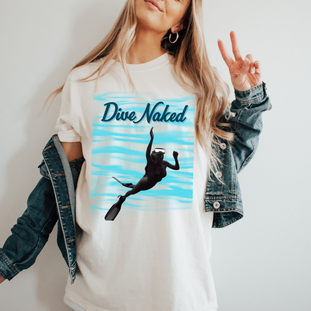 Dive Naked T-Shirt — Scuba Diver Silhouette Swim Tee, Fun Naturist Nudist Beachwear, Snorkeling Enthusiasts