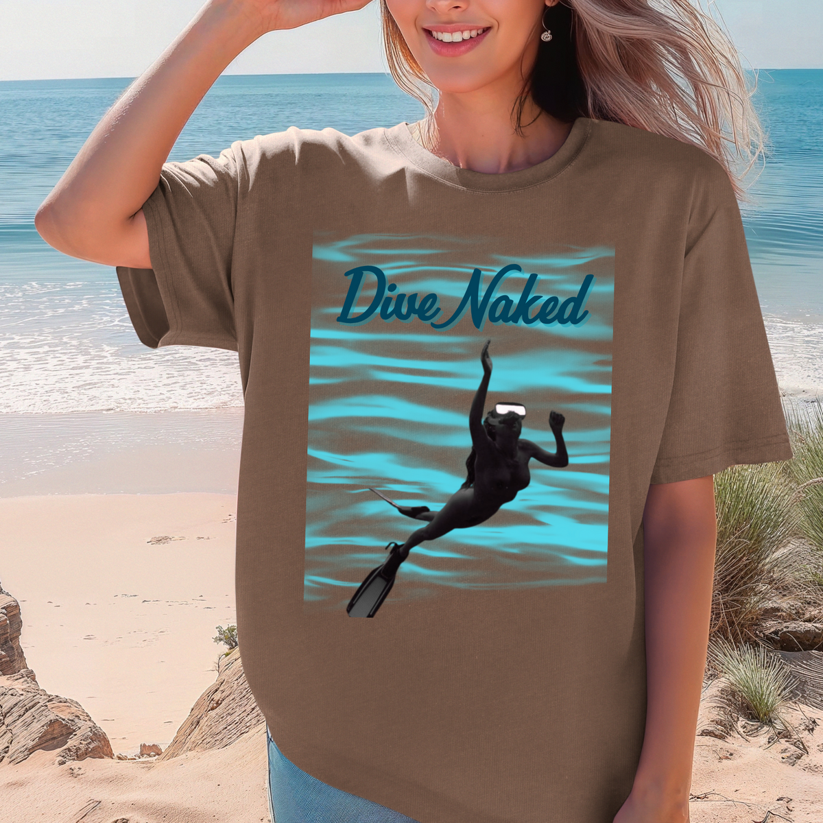 Dive Naked T-Shirt — Scuba Diver Silhouette Swim Tee, Fun Naturist Nudist Beachwear, Snorkeling Enthusiasts