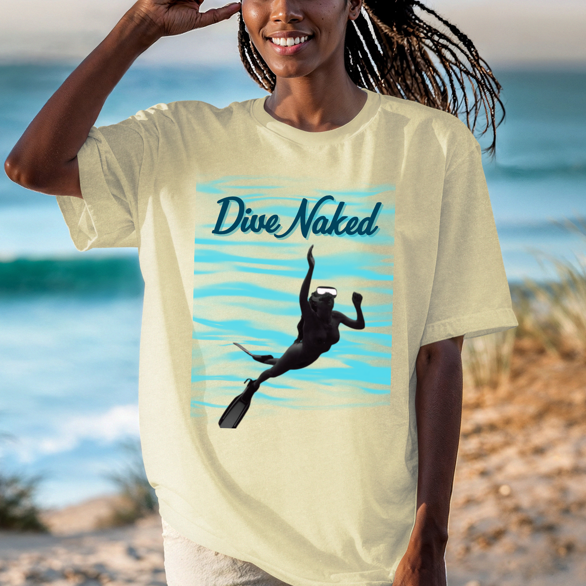 Dive Naked T-Shirt — Scuba Diver Silhouette Swim Tee, Fun Naturist Nudist Beachwear, Snorkeling Enthusiasts