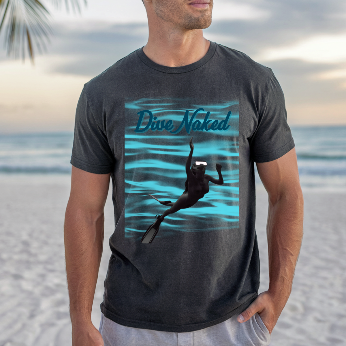 Dive Naked T-Shirt — Scuba Diver Silhouette Swim Tee, Fun Naturist Nudist Beachwear, Snorkeling Enthusiasts