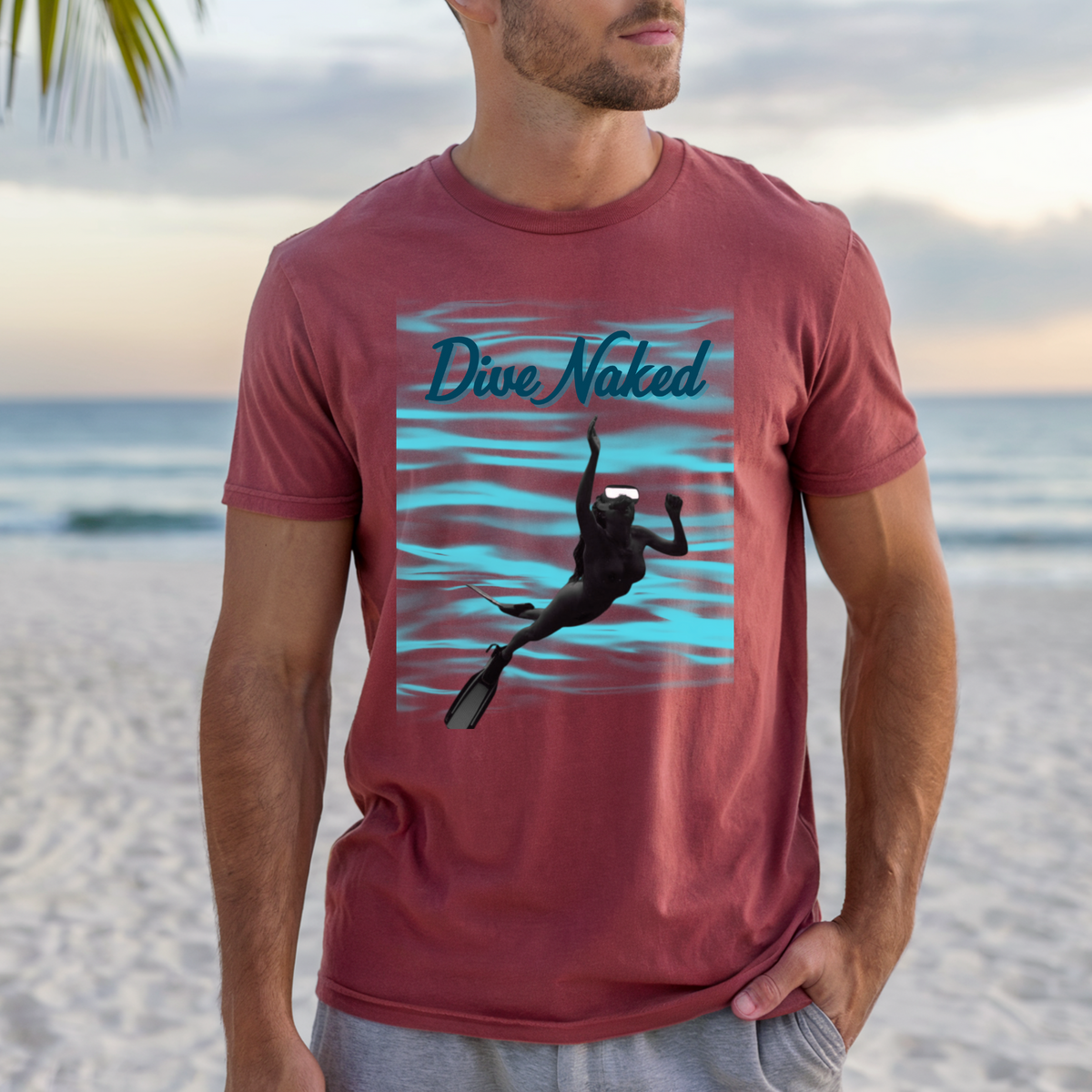 Dive Naked T-Shirt — Scuba Diver Silhouette Swim Tee, Fun Naturist Nudist Beachwear, Snorkeling Enthusiasts