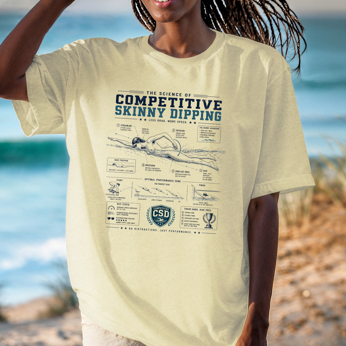 Competitive Skinny Dipping Diagram T-Shirt | Funny Nudist and Naturist Swimming Science Tee