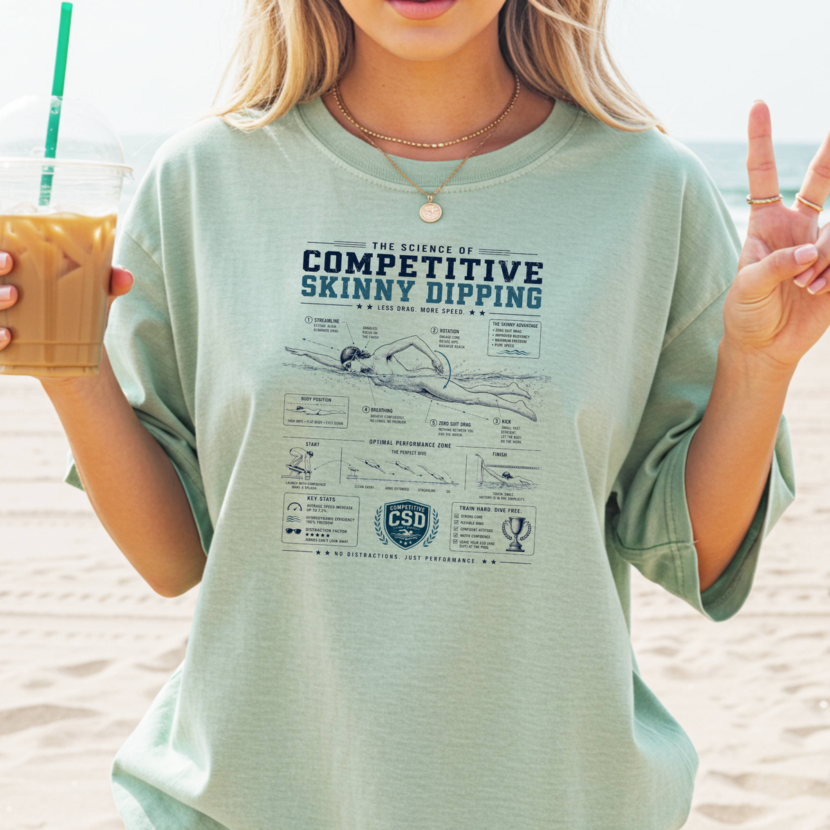 Competitive Skinny Dipping Diagram T-Shirt | Funny Nudist and Naturist Swimming Science Tee