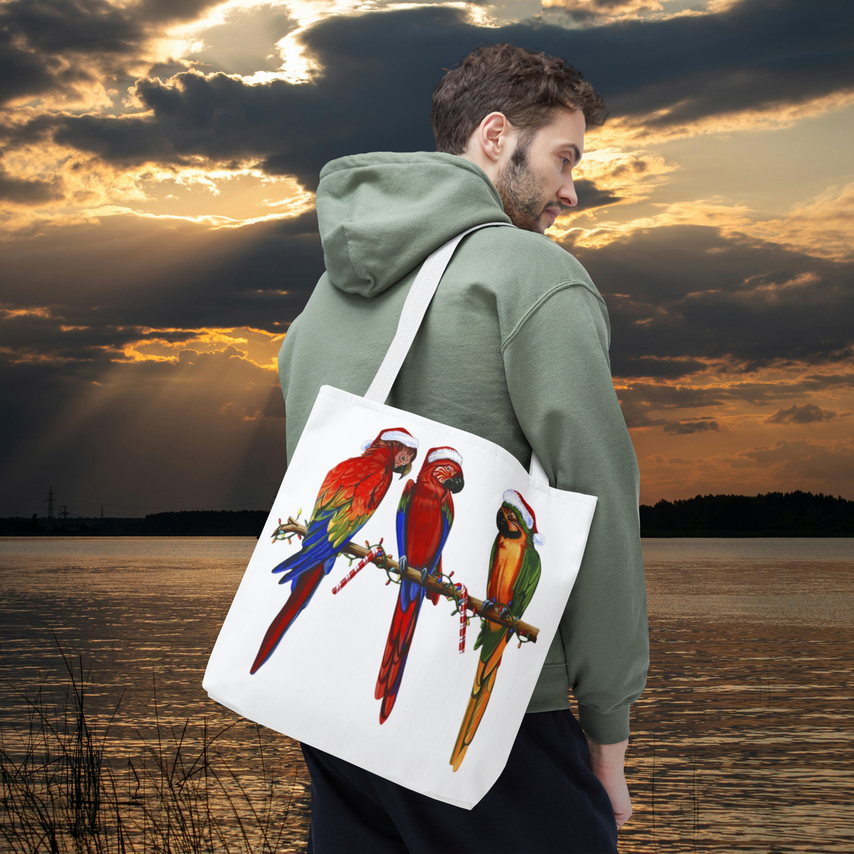 Christmas Tropical Tote Bag | Mele Kalikimaka Holiday Tote, Festive Parrots Carry All