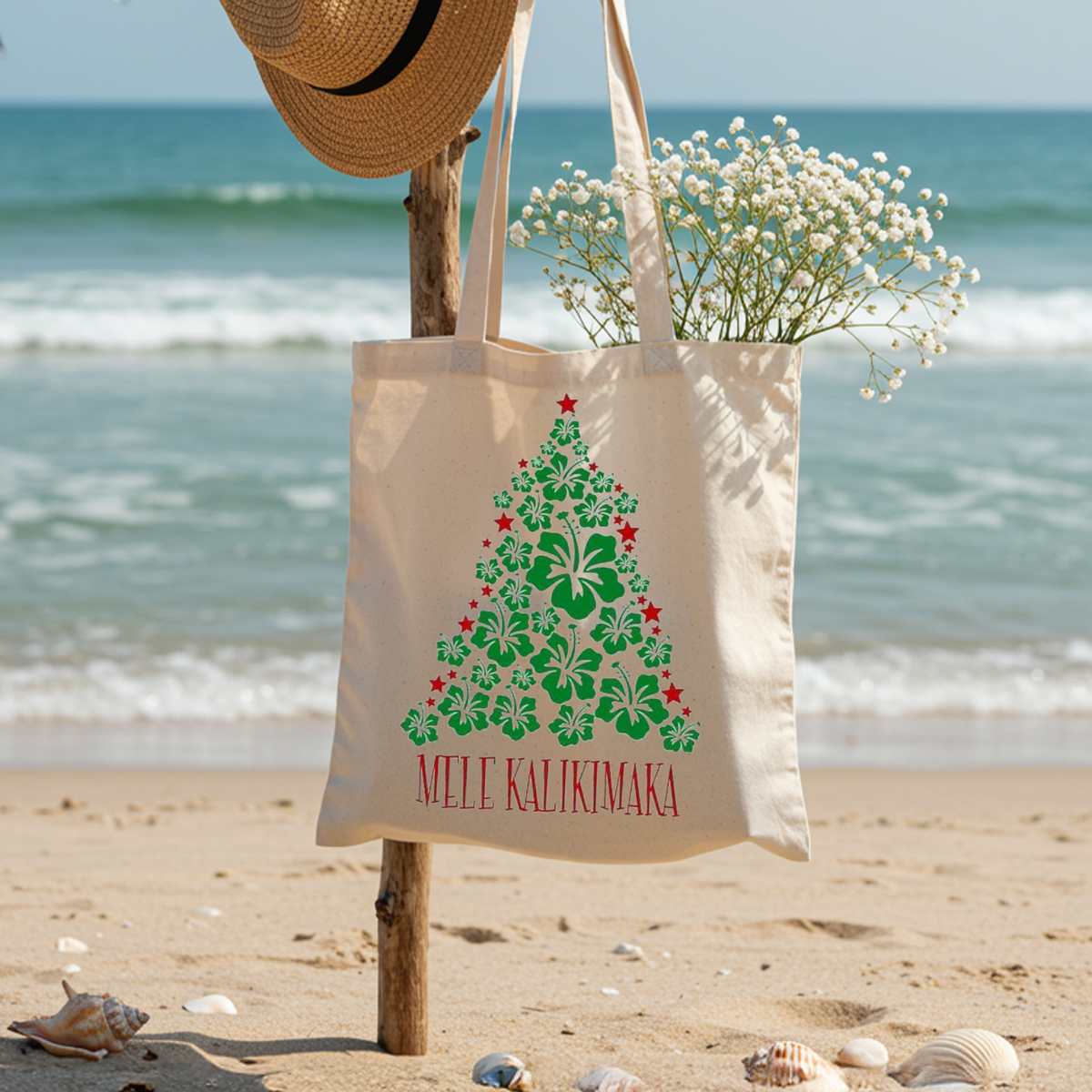 Christmas Tropical Tote Bag | Mele Kalikimaka Holiday Tote, Festive Parrots Carry All