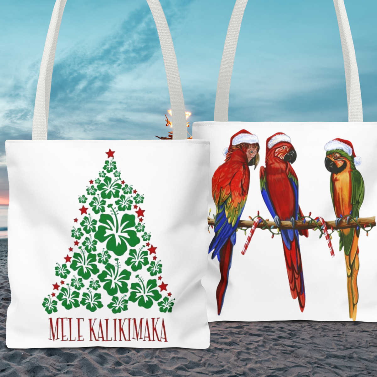 Christmas Tropical Tote Bag | Mele Kalikimaka Holiday Tote, Festive Parrots Carry All