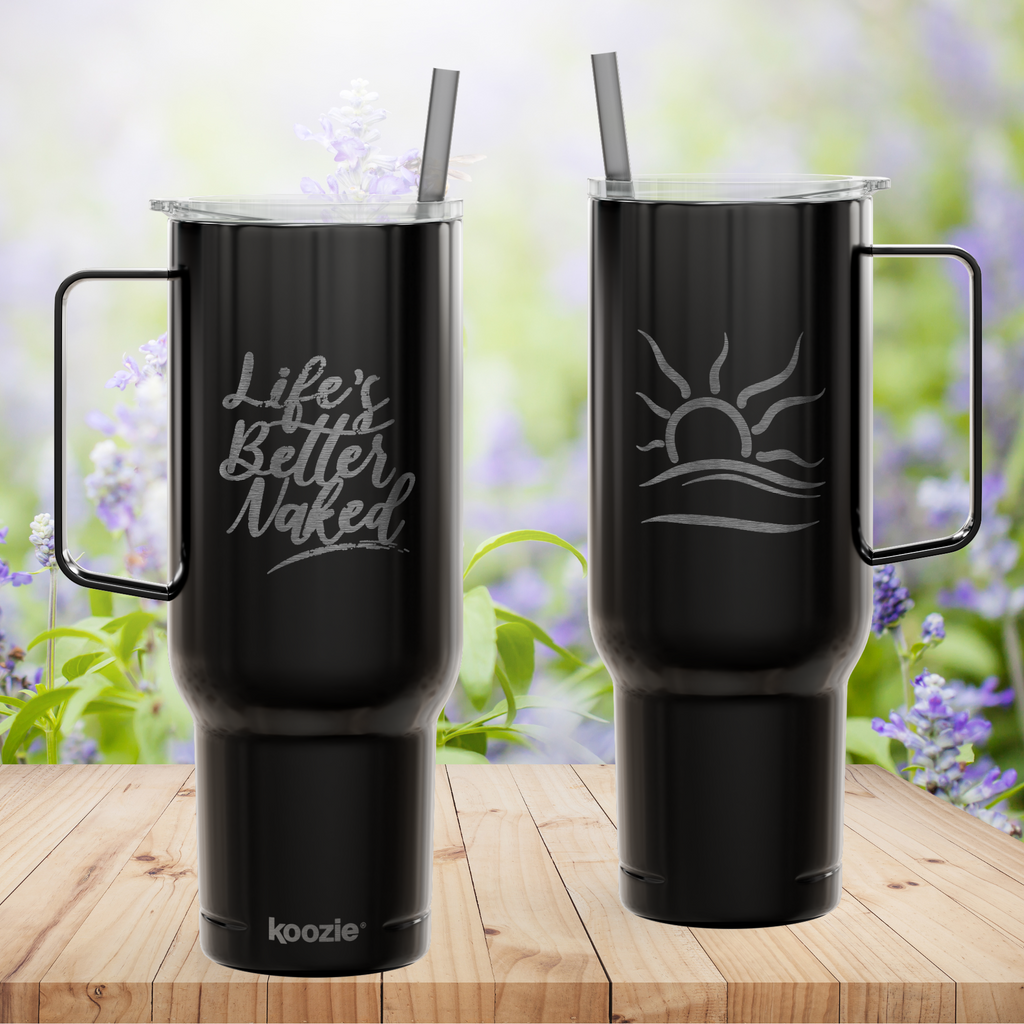 40oz Engraved Insulated Tumbler with Lid — Double Sided 'Life's Better Naked' Nudist Naturist Design Cup