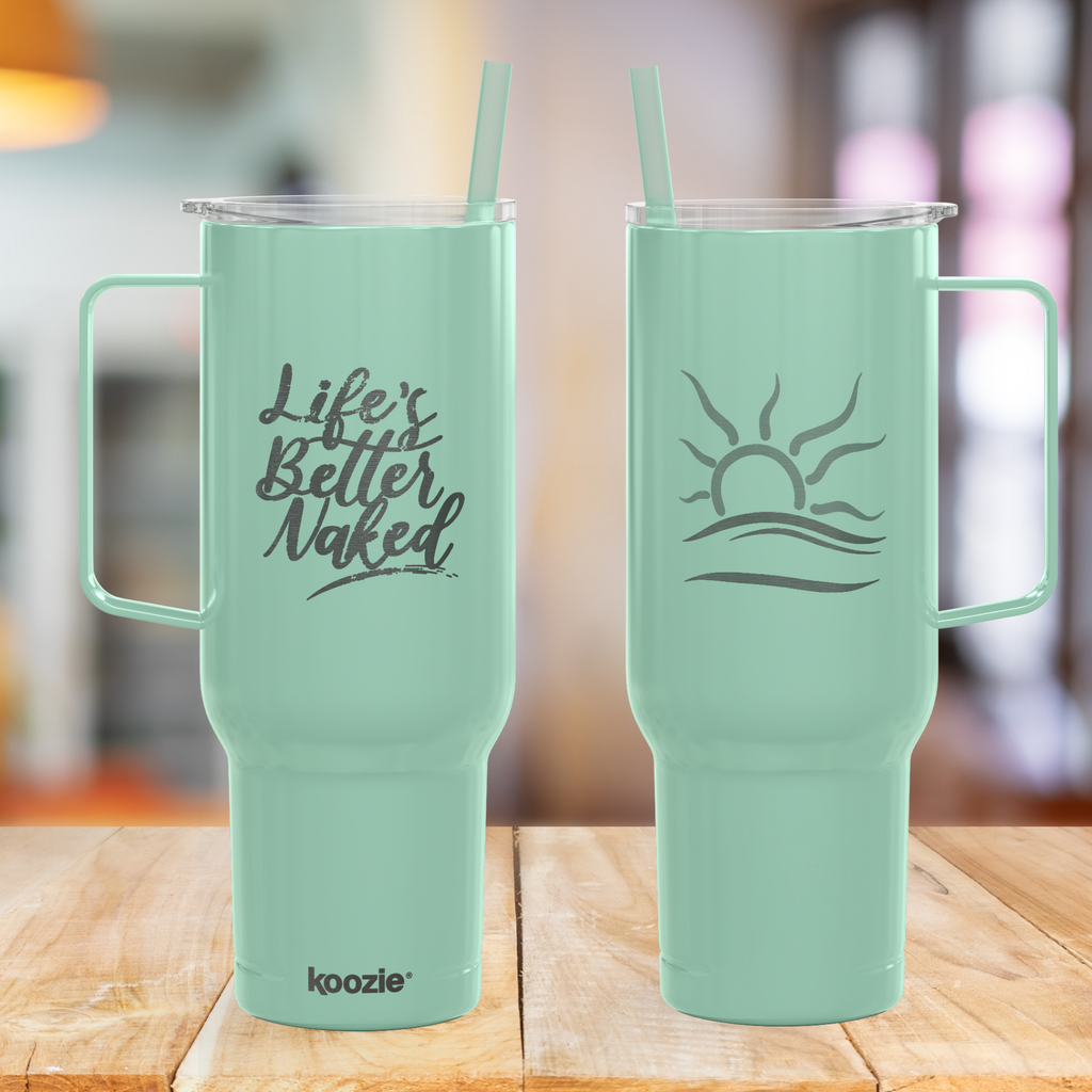 40oz Engraved Insulated Tumbler with Lid — Double Sided 'Life's Better Naked' Nudist Naturist Design Cup