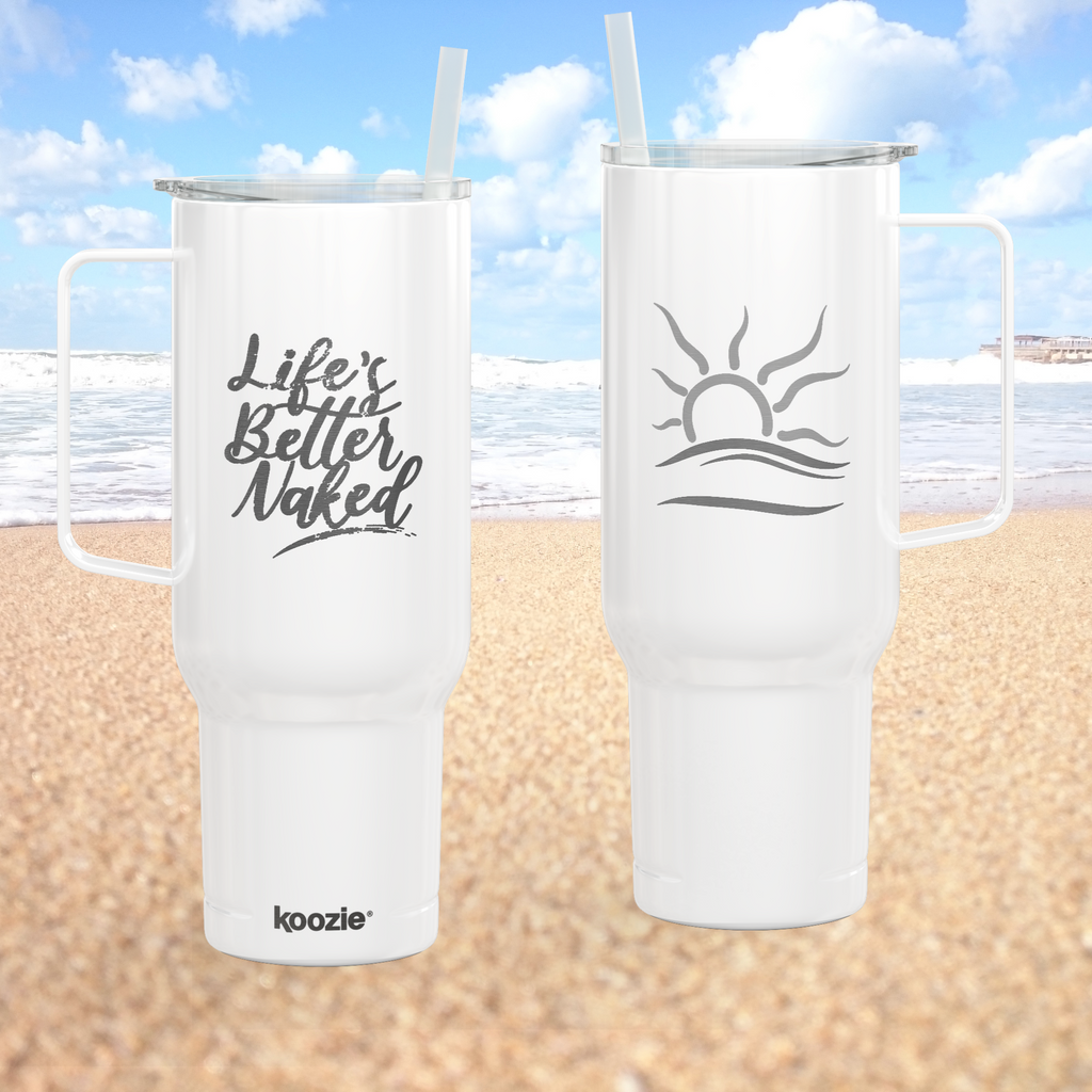 40oz Engraved Insulated Tumbler with Lid — Double Sided 'Life's Better Naked' Nudist Naturist Design Cup