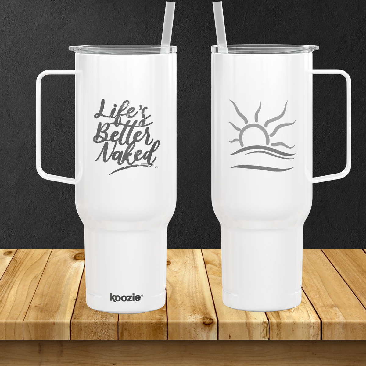 40oz Engraved Insulated Tumbler with Lid — Double Sided 'Life's Better Naked' Nudist Naturist Design Cup