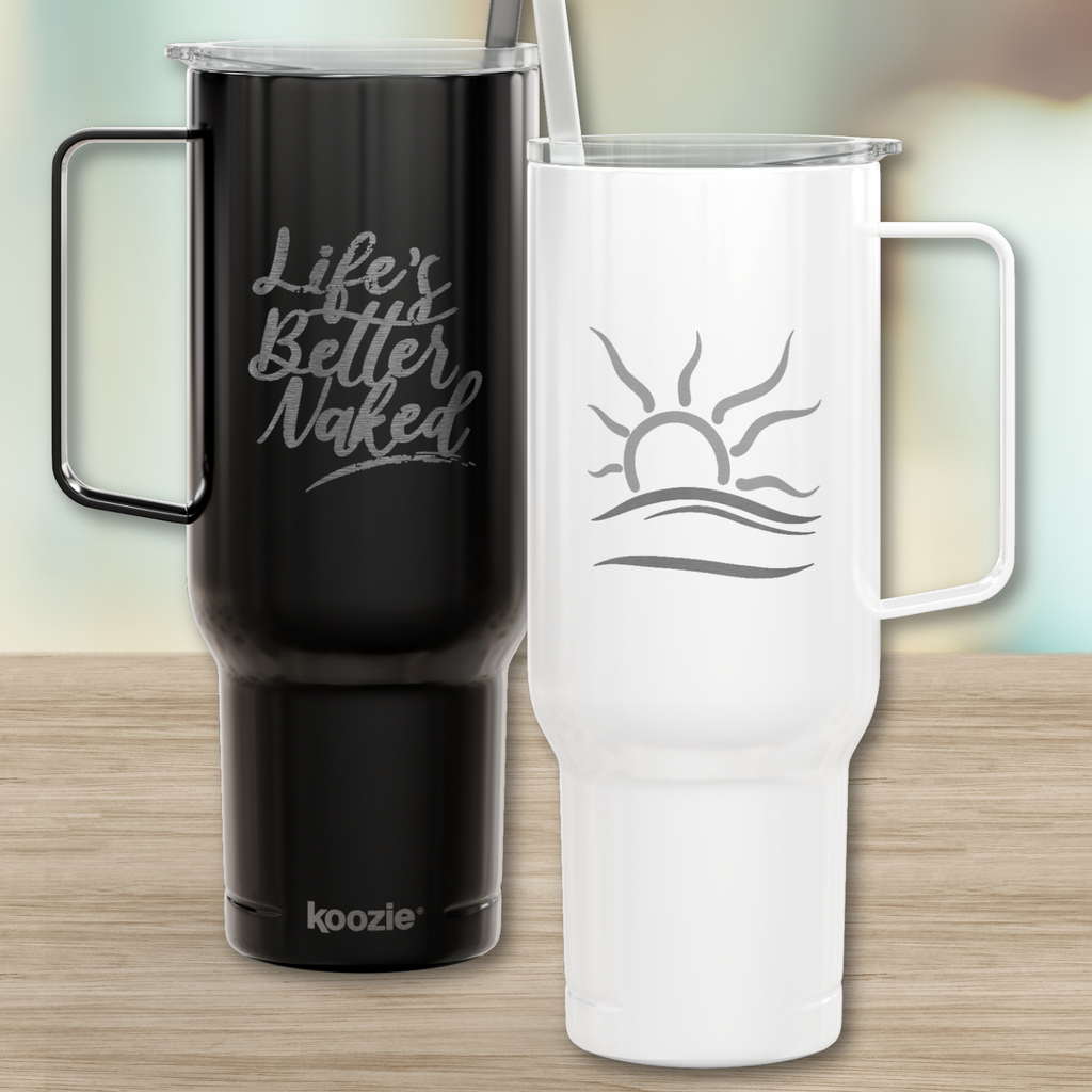 40oz Engraved Insulated Tumbler with Lid — Double Sided 'Life's Better Naked' Nudist Naturist Design Cup