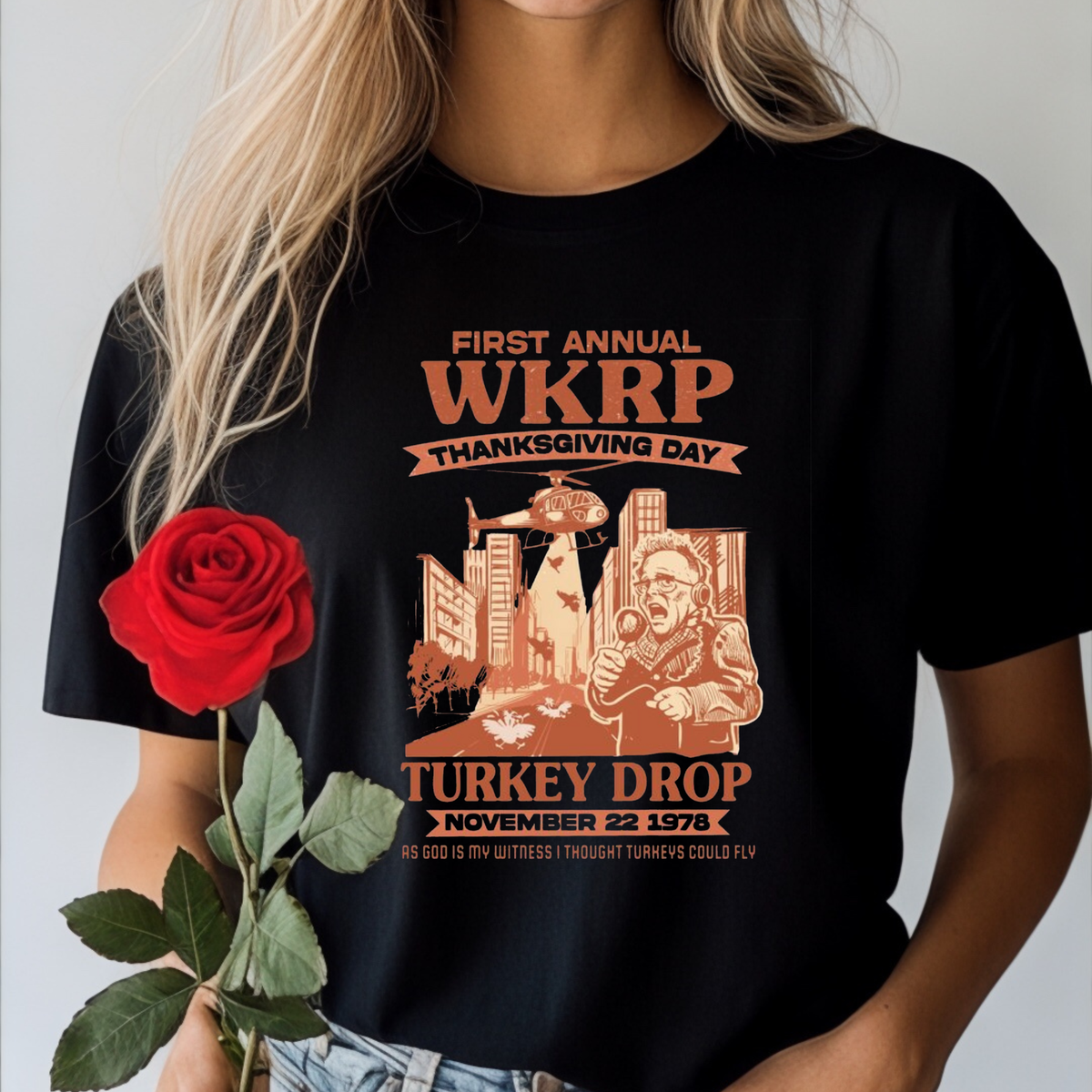 WKRP Turkey Drop T-shirt | Funny Thanksgiving Tee, Classic Sitcom Holiday Shirt