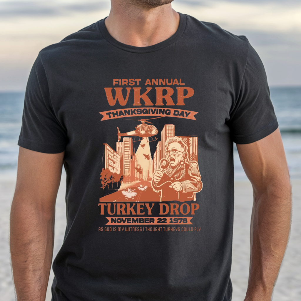 WKRP Turkey Drop T-shirt | Funny Thanksgiving Tee, Classic Sitcom Holiday Shirt
