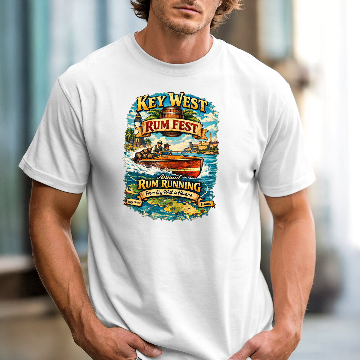 Key West Rum Fest T-Shirt | Tropical Nautical Design Tee, Rum Running Boat Top