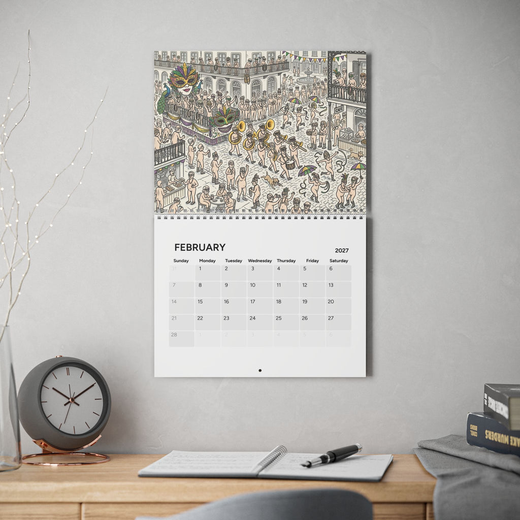 Happy Nude Year 2027 Calendar, Fun Cute Nudist Naturist Illustrated Celebrations