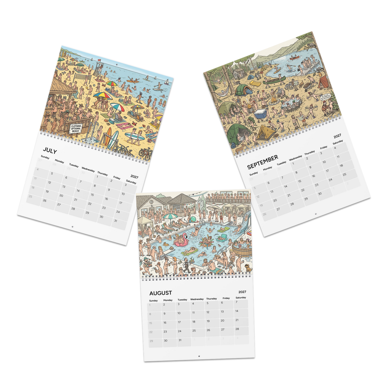 Happy Nude Year 2027 Calendar, Fun Cute Nudist Naturist Illustrated Celebrations