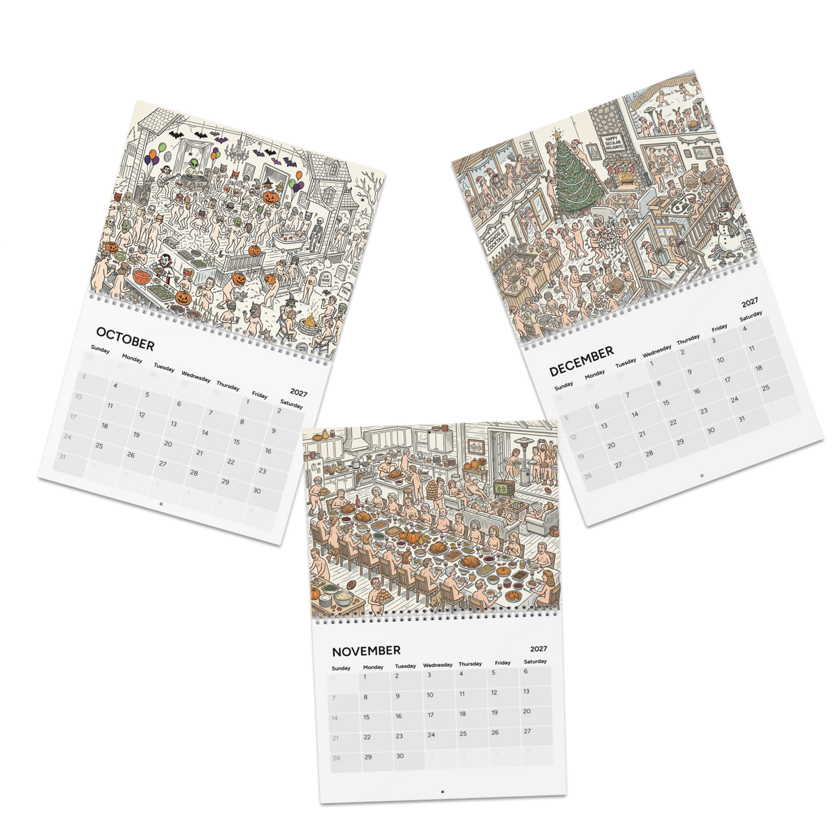 Happy Nude Year 2027 Calendar, Fun Cute Nudist Naturist Illustrated Celebrations