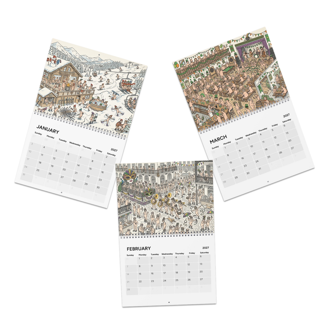 Happy Nude Year 2027 Calendar, Fun Cute Nudist Naturist Illustrated Celebrations
