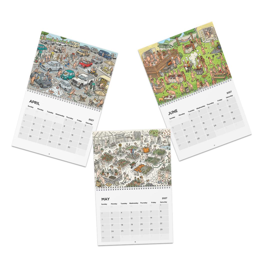 Happy Nude Year 2027 Calendar, Fun Cute Nudist Naturist Illustrated Celebrations