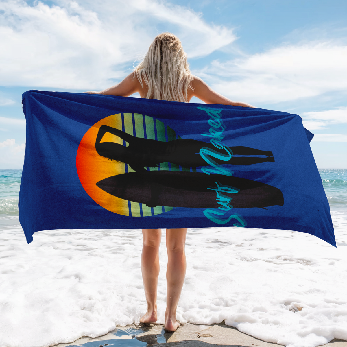 Surf Naked Beach Towel, Surfing Silhouette Pool Towel, Naturists, Nudists and Surfers