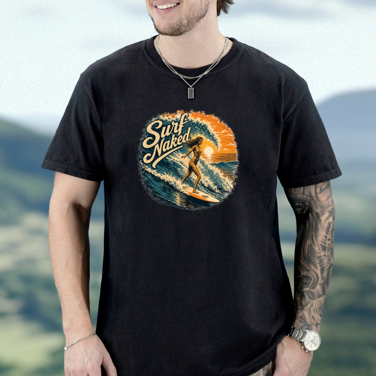 Surf Naked surfer graphic T-Shirt | Retro sunset design Tee, Fun Beach Shirt