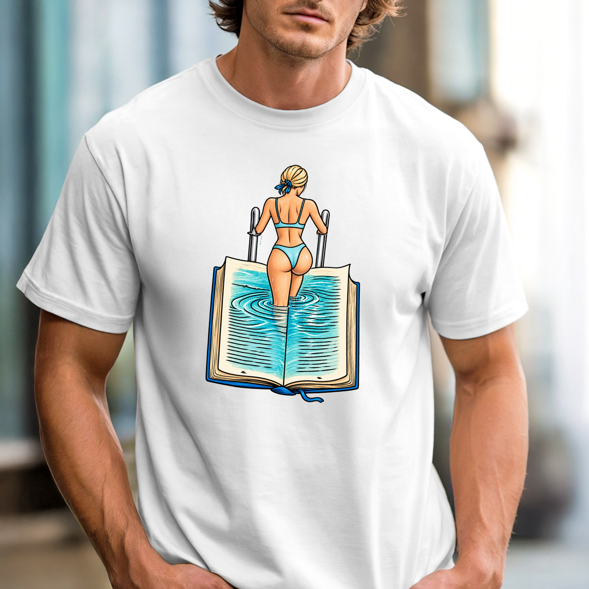 Woman Swimming in Open Book T-Shirt | Fun Literary Swim Tee, Reading Lover Shirt